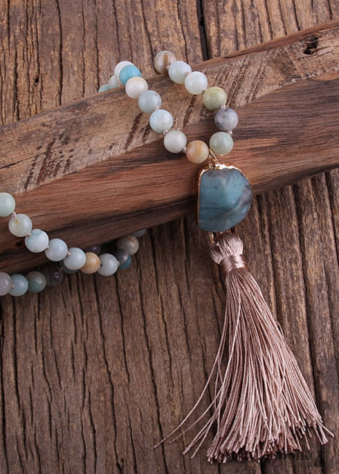 Boho Necklace, RH Amazonite Jasper, Moon Stone, Green Brown, Pink